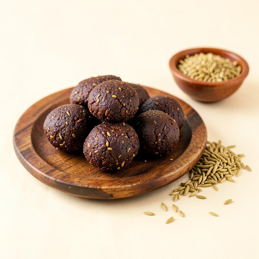 Dark brown methi laddoos on a wooden plate beside a bowl of fenugreek seeds