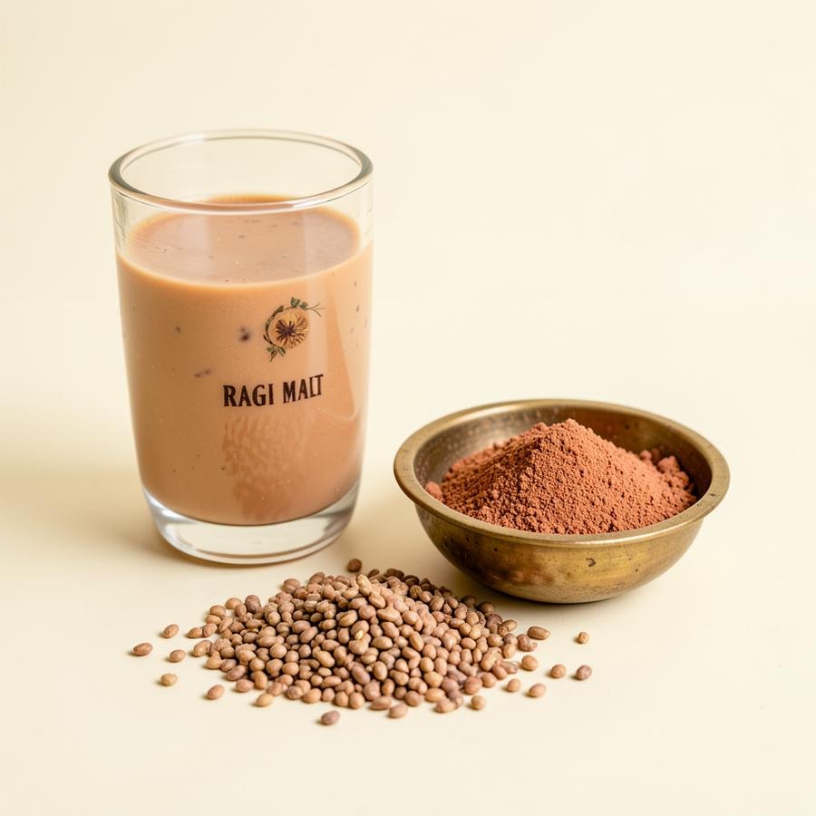 Glass of prepared ragi malt beside a brass bowl of finger millet flour and raw ragi grains